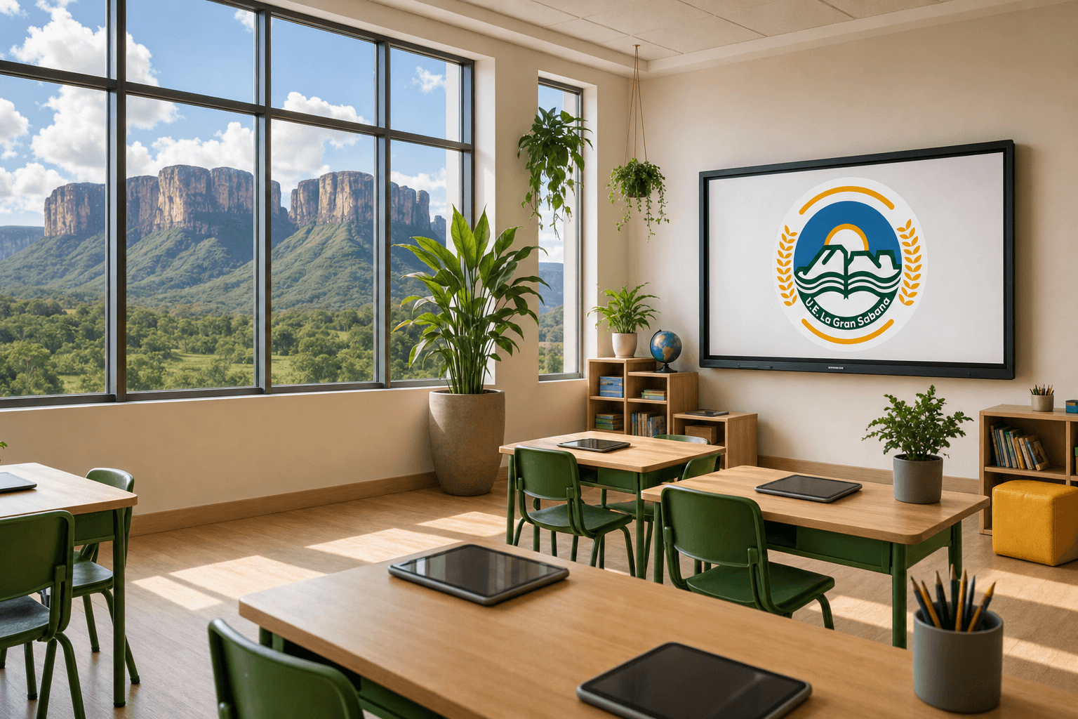 Aula moderna con vista a la Gran Sabana y tecnología educativa