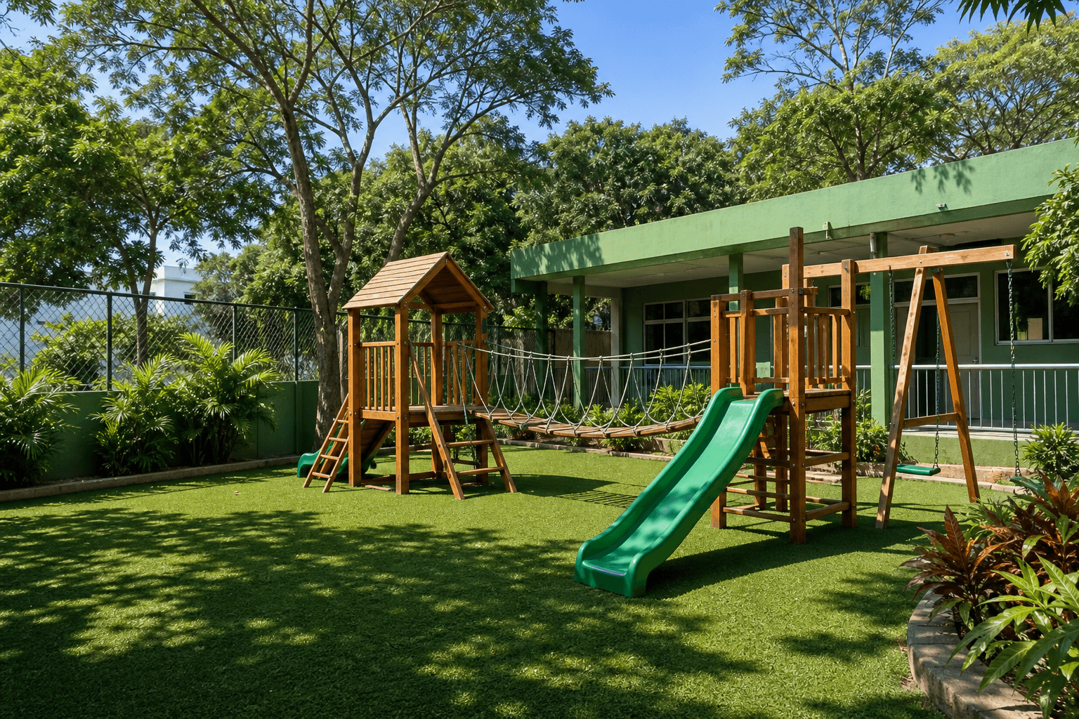 Patio verde con zona de juego segura